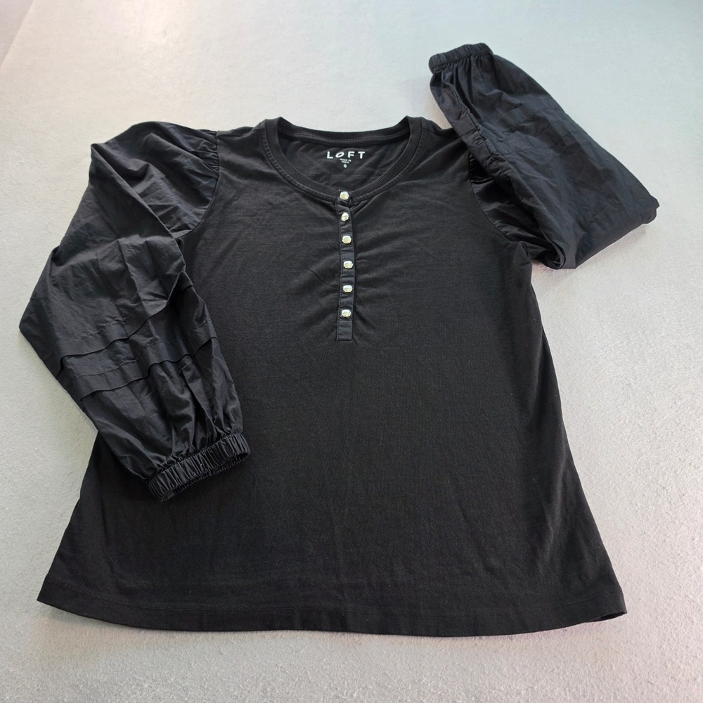 LOFT Black Mixed Media Puff Sleeve Henley Top Cotton Snap Front Ribbed Neck | S